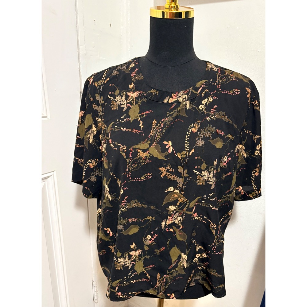 Liz Baker Essentials Black Floral Short Sleeve Blouse XL Petite Button Back Top